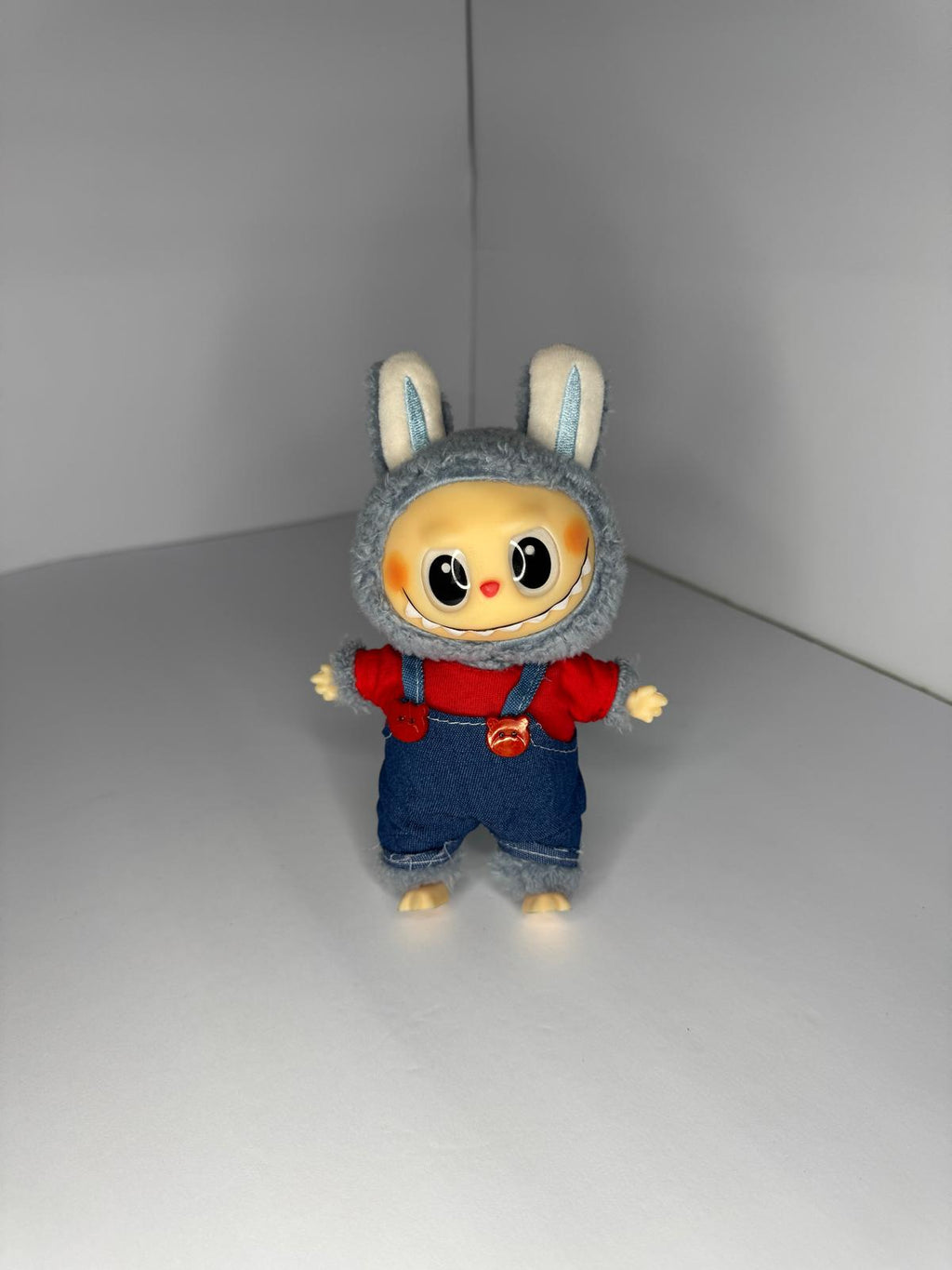 Labubu Red-Grey Overalls Set – Whimsy Woven into Woodland Style