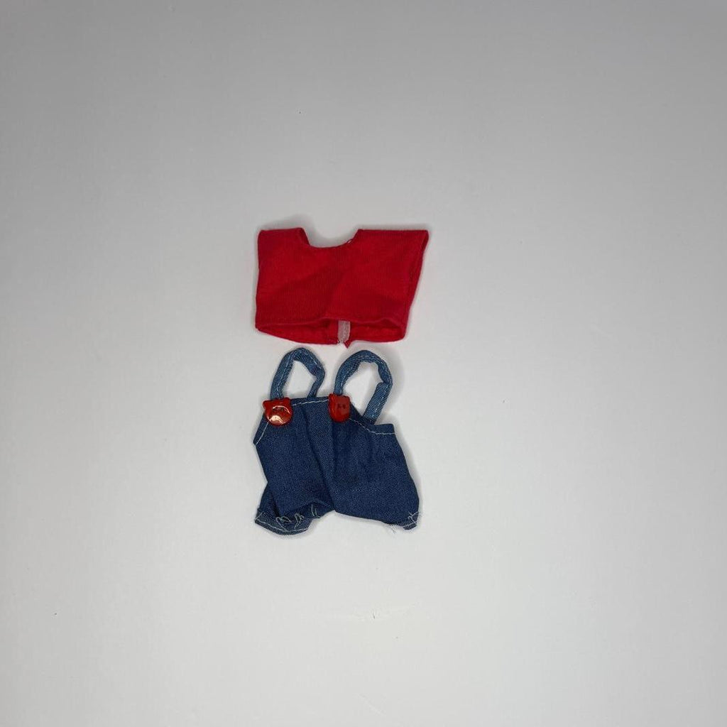 Labubu Red-Grey Overalls Set – Whimsy Woven into Woodland Style